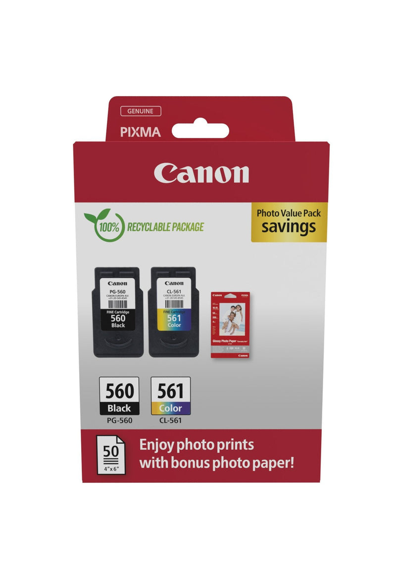 Canon PG-560/CL-561 Pack 2 Cartridges Ink Originales + Paper Fotografico Glossy GP-501 - 3713C008