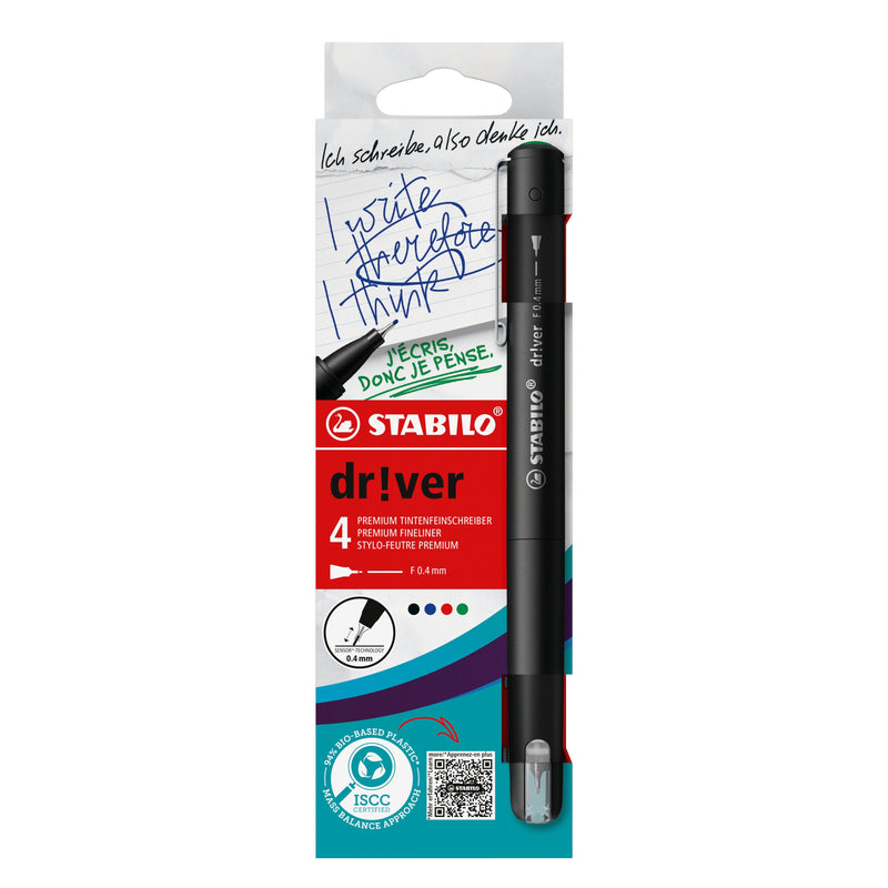 Stabilo Dr!ver Pack 4 Markers Punta Fina 0.4MM - Ink a Prueba Manchas, Inodora And With Base Water -