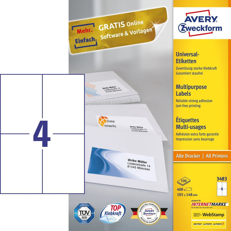 Avery Zweckform 3483 Label Self-adhesive White Rectángulo Permanente 400 Pieces