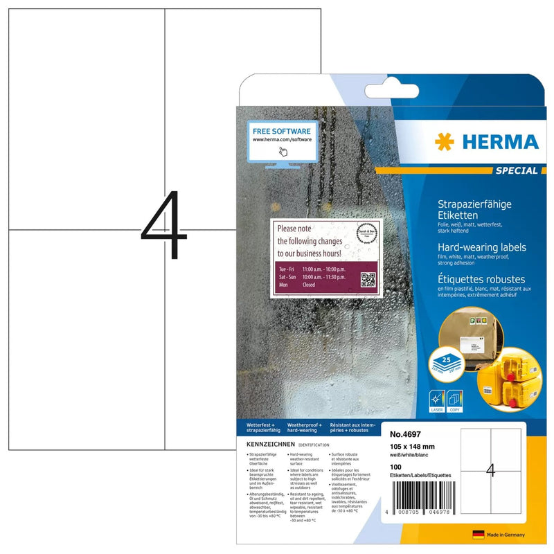 Herma Hardwearing Labels 105X148 25 Sheets Din A4 100 Pcs. 4697 Labels