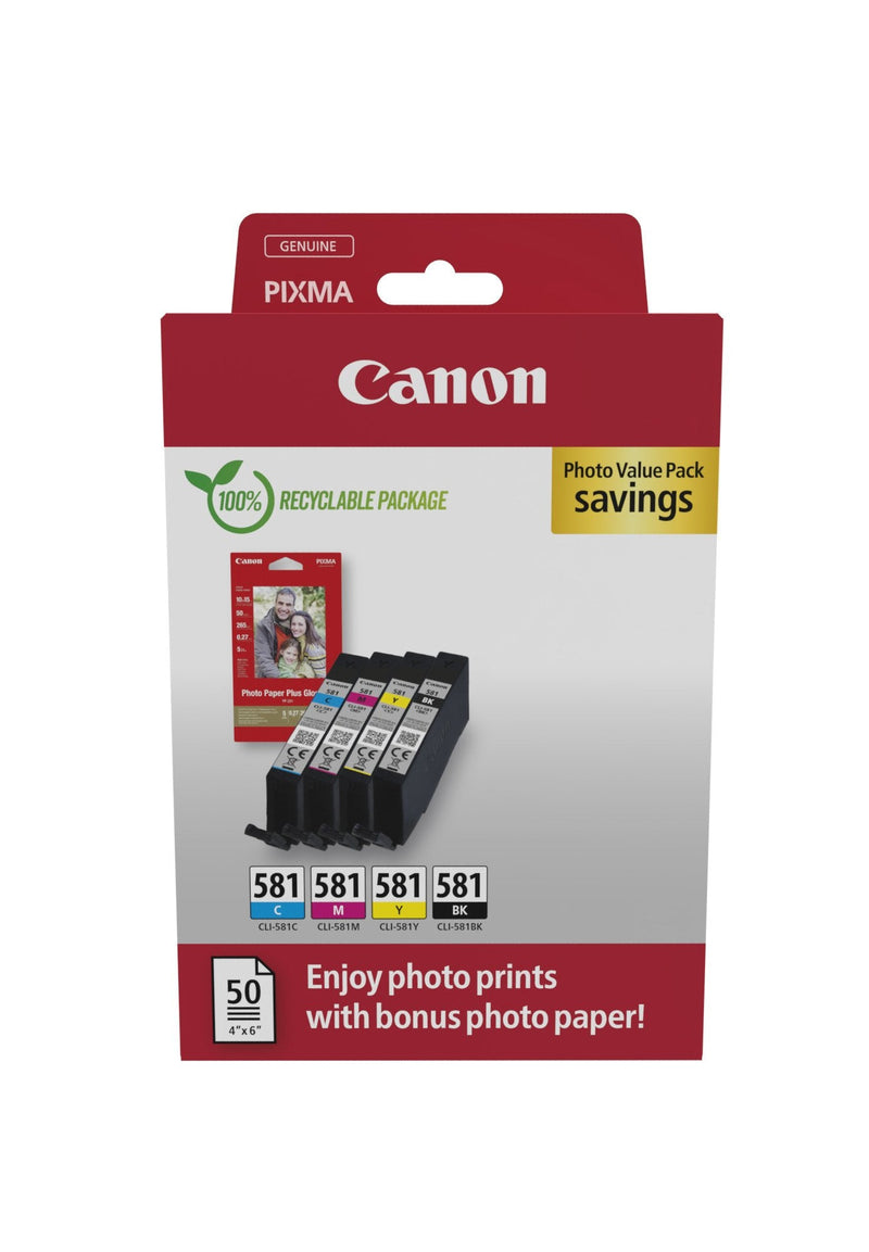 Canon CLI581 Pack 4 Cartridges Ink Originales - 50 Hojas Paper Fotografico - 2106C005/2106C006