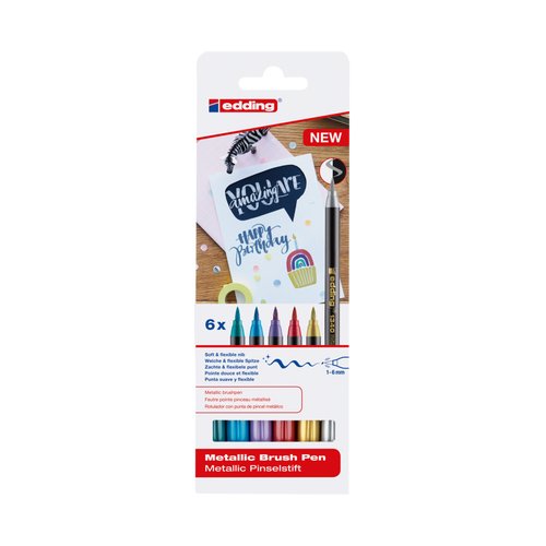 Edding 1340 Brush Pack 6 Markers - Punta Pincel Flexible - Trazo 1-3MM - Ink With Base Water - Colours Oro,