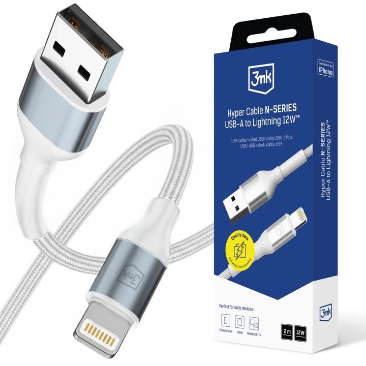 3MK Cable Hyper N-series a To Lightning 2M Qc 3.0 5V 2.4A 12W White