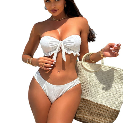 New Solid-color Floral-print Two-piece Swimsuit