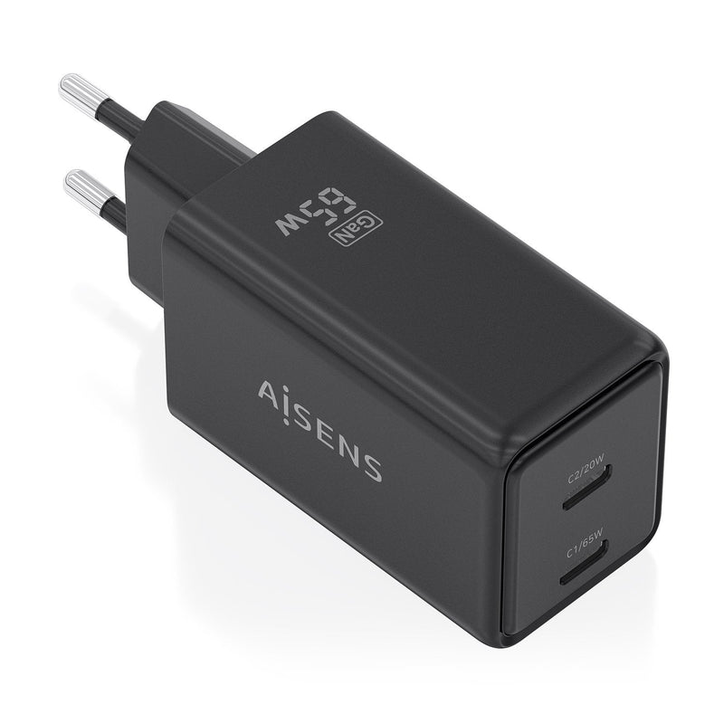 Aisens Charger GaN 65W, 2x USB-C PD 3.0 QC4.0, Black