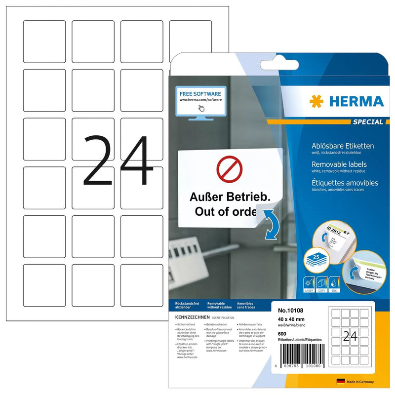 Herma Label . A4 White 40X40 Mm Square Desmontable 600 Units