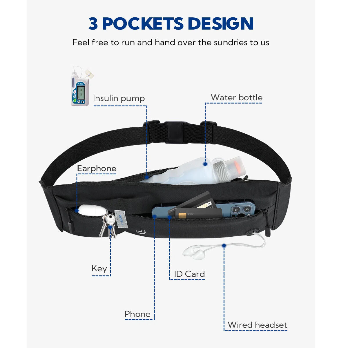 Waterfly Running Waist Bag 3.0 Black Unisex Lycra 1L with Reflectors & Headphone Output