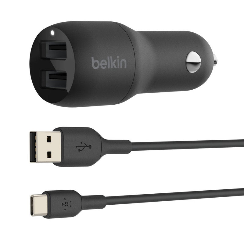 Belkin Charger USB 24W 4.8A 2P USB Black Car + USB Cable -c