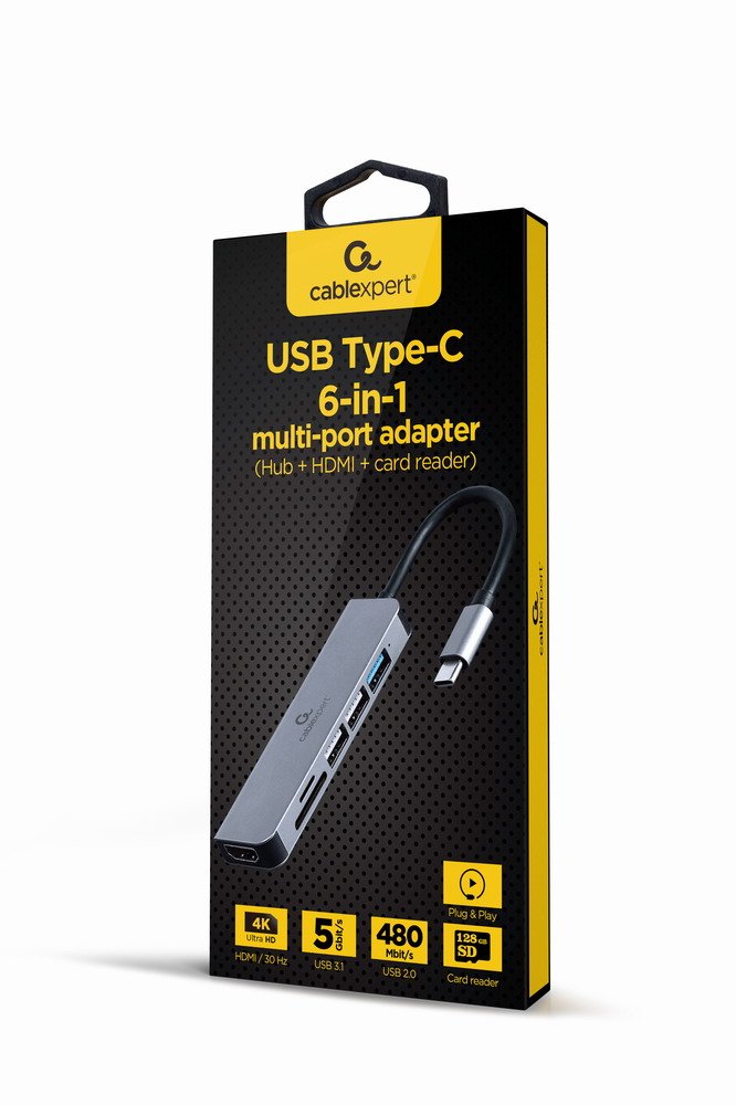Gembird Hub A-CM-COMBO6-02 Multi Port Adapter USB Type-c 6IN1 + HDMI + Card Reader