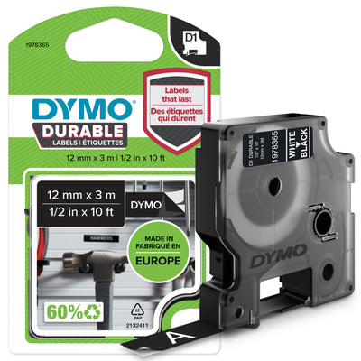 Dymo D1 Tape Vinyl 12MMX3.0M White Black — image 1