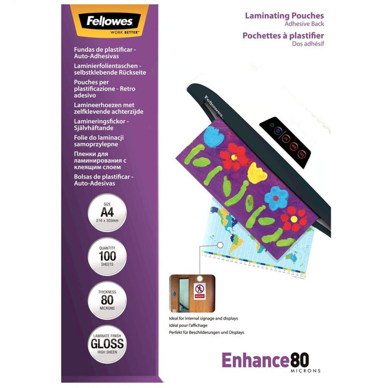 Fellowes Pack 100 Cases Plastificar 80 Mic. Adhesivas A4