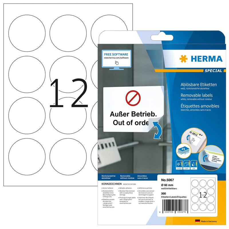 Herma Removable Round Labels 60 25 Sheets Din A4 300 Pcs. 5067 Labels