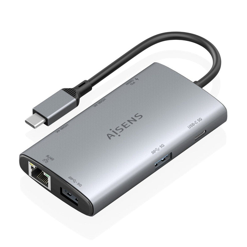 Aisens USB-C Dock 7 1, USB-C a 2x HDMI 4K, 1x RJ45, 2x USB-A USB 3.0, 1x USB-C, 1x USB-C PD100W, Grey 20CM