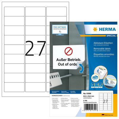 Herma Labels Removibles 10300 63,5X29,6 100 Hoja Din A4 2700 Units — image 1