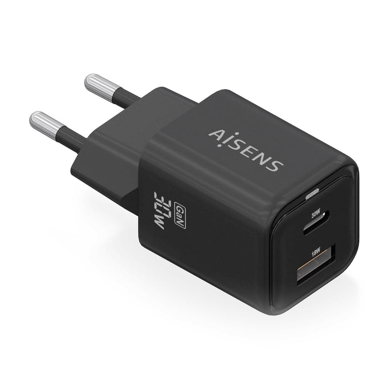 Aisens Charger GaN 30W, 1x USB-C PD 3.0 QC4.0, 1x USB-A QC3.0, Black