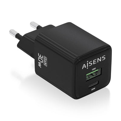 Aisens Charger GaN 30W, 1x USB-C PD 3.0 QC4.0, 1x USB-A QC3.0, Black — image 1
