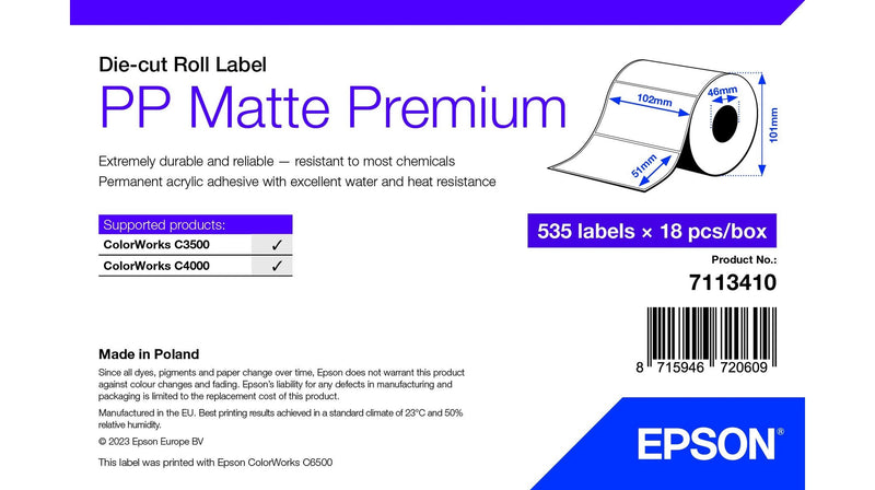 Epson 7113410 Label Printer White 102X51MM 535 Labels