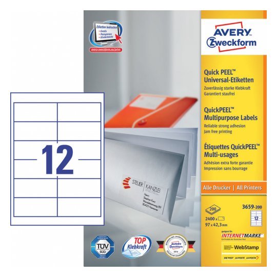 Avery Zweckform Labels 3659-200 White 97,0 X 42,3MM