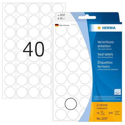 Herma Labels Verschlussetik. Rund 19MM 16 Sheet, 640 Pcs TRANSP.2257 — image 1