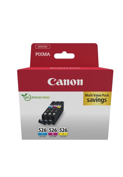 Canon CLI-526 C/M/ And Multi Pack Paquete 3 9ML Yellow Cyan Magenta Genuine Depósito Ink Pixma IP4850 IP4950 I — image 1