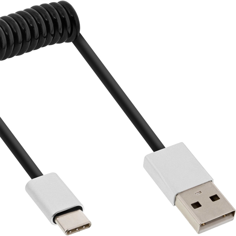 Inline Cable Espiral USB 2.0, Connector Type-c a Connector a, Black/Aluminium Flexible, 1M
