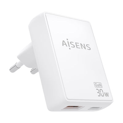 Aisens Wall Charger GaN Ultra Slim 30W, 1x USB-C PD 3.0 QC4.0, 1x USB-A QC3.0, White — image 1