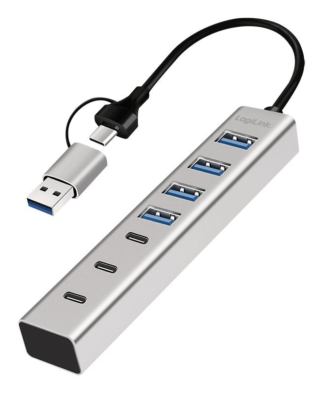 Hub USB 3.0, 7 Ports 4x USB-A + 3x USB-C, USB Cable -a/USB-C 3.0 2 1, 5Gbps
