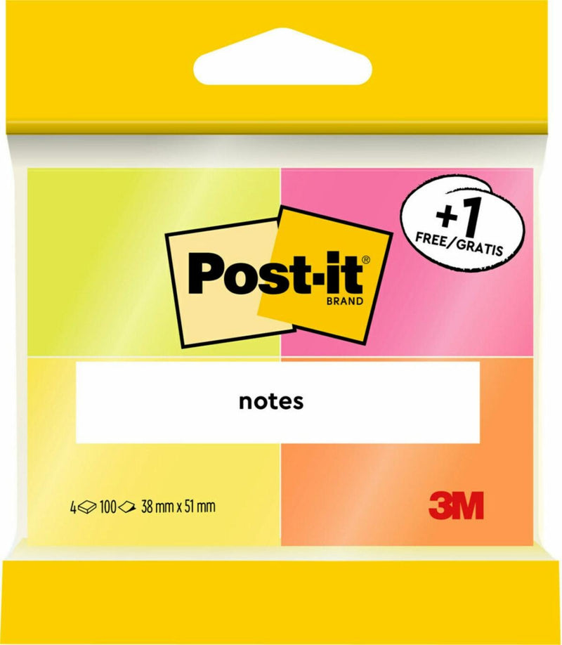 Post-it Pack 4 Blocs 100 Notas Adhesivas Reposicionables - Colours Neon - 38X51MM - Promocion 3 Blocs + 1 Grat