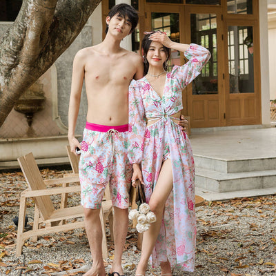 Couple Fashion Retro Printed Sunscreen Long Sleeve One-piece Swimsuit