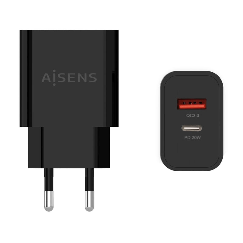 Aisens Charger 20W - 1x USB-C PD 3.0 - 1x USB-A QC3.0 - Black