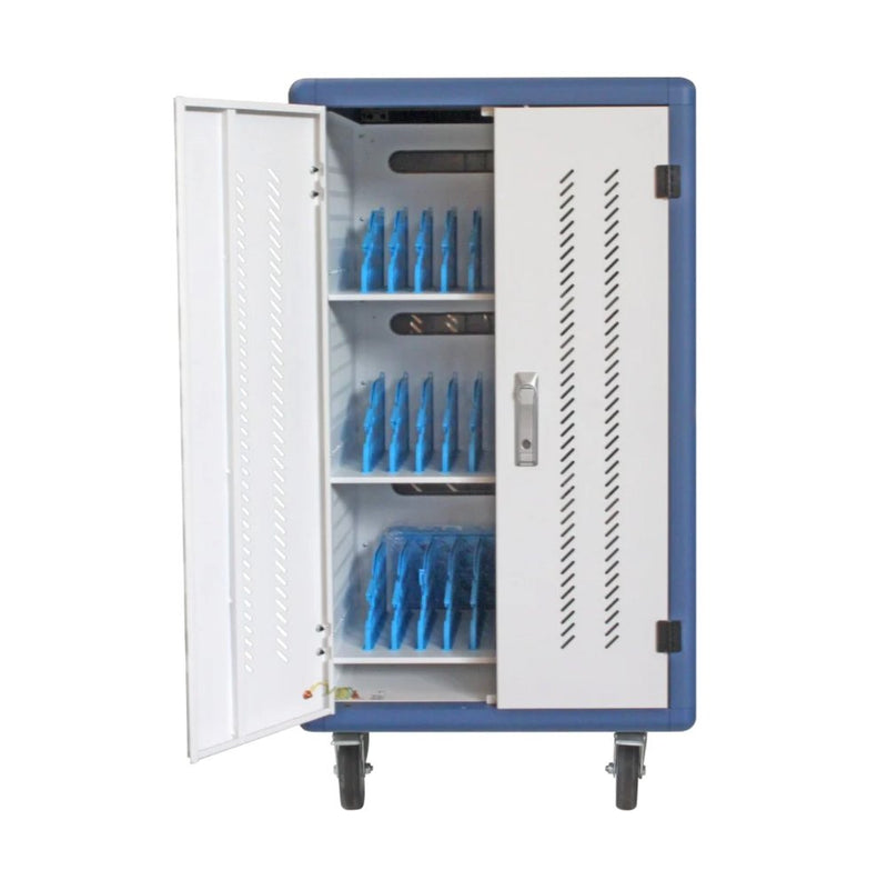 Phasak Cabinet Rack Security Montado With Wheels Rubber 30 Compart. Laptop Tablet And Smartphone Branco/Blue