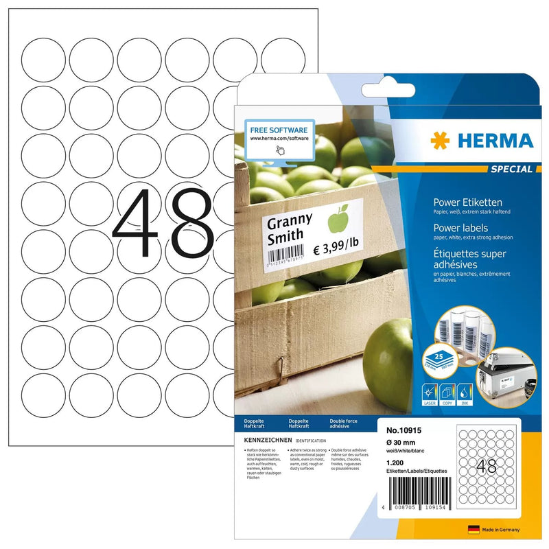 Herma Labels A4 Blancas 30MM Redondas Extremadamente Adhesivas 1200 Units