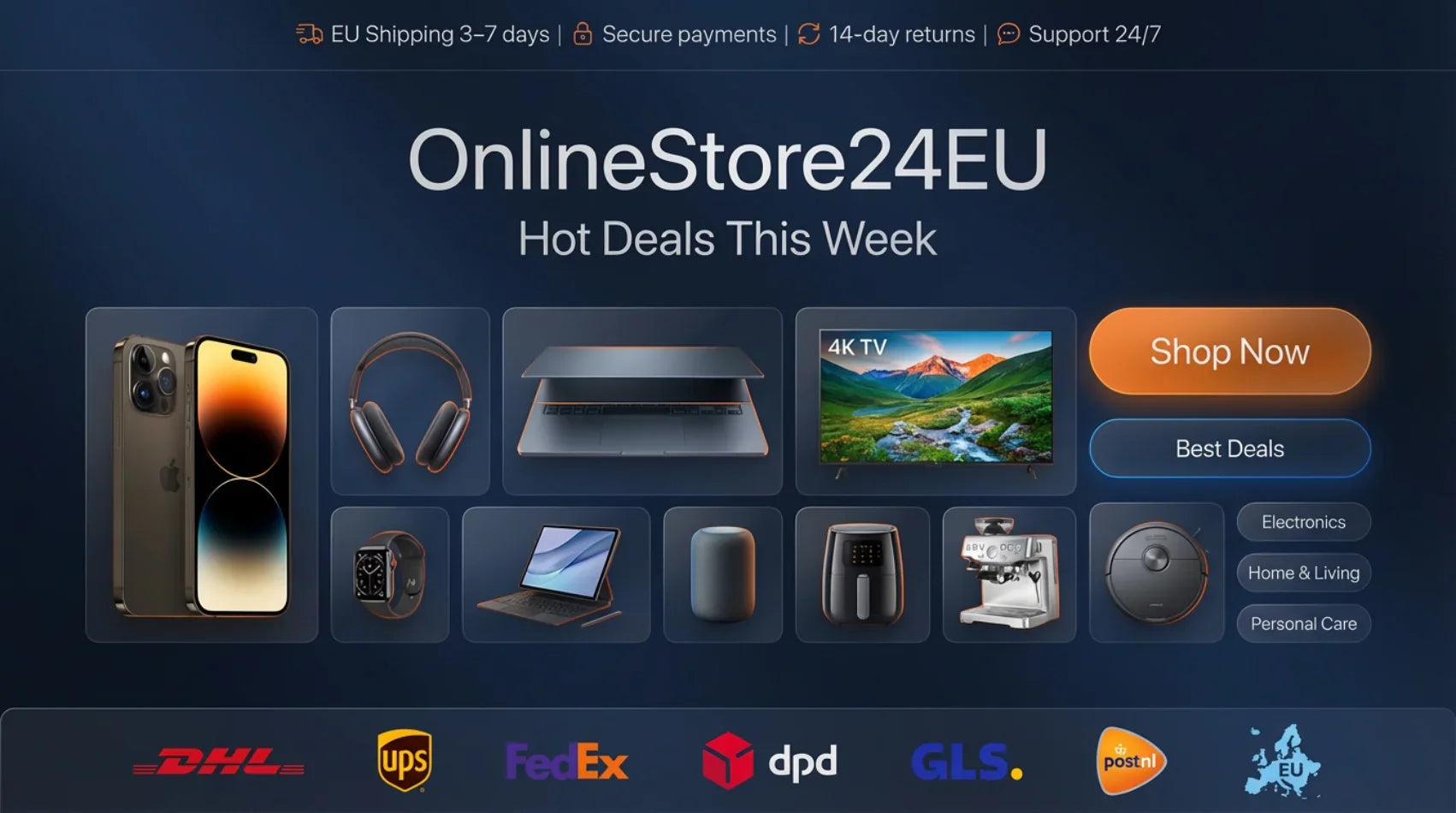 OnlineStore24 EU banner with smartphone, headphones, laptop and 4K TV